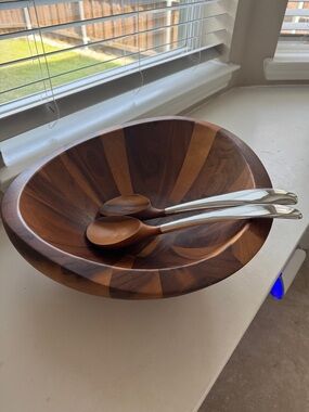 Nambe Wooden Salad Bowl with Serving Spoons